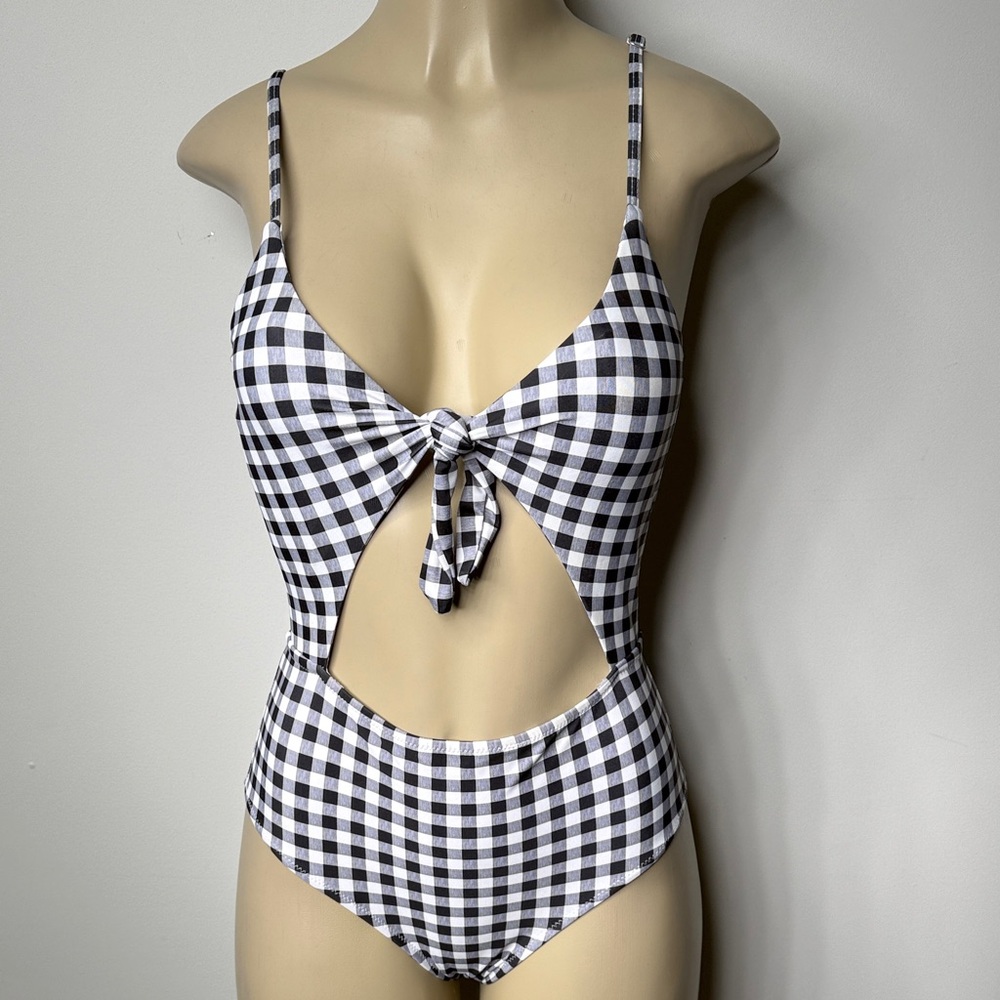 SHEIN Black & White Gingham Kids One-Piece Swimsuit with Front Tie Cutout
